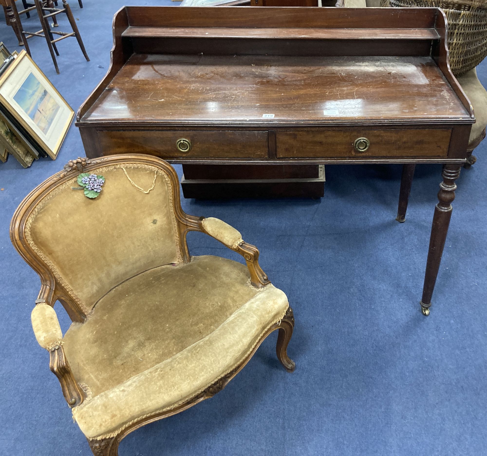 A Victorian mahogany dressing table, width 107cm, depth 58cm, height 80cm, together with a Louis XV style salon chair